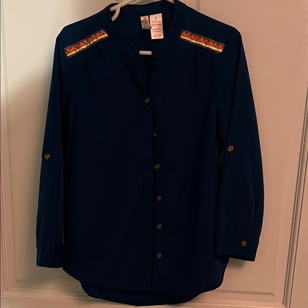 Navy Blue Kids Blouse with Embroidered Accents